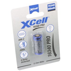 XCell Pro 16340 / RCR123A Li-Ion akku USB-C töltővel 3.6V, 850mAH