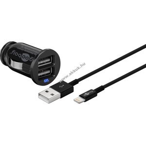 Goobay autós USB mini adapter töltő 2xUSB + kábel Apple lightning csatl. 1m fekete (2,1A)